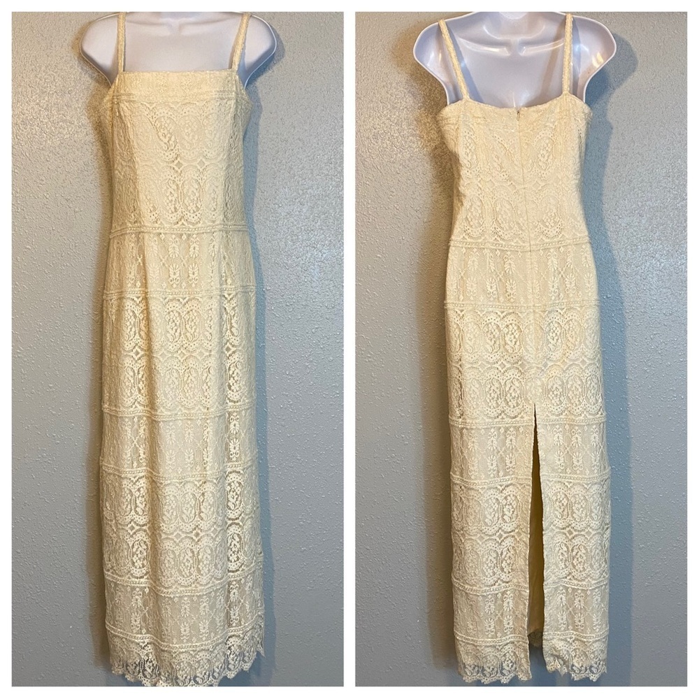 Tootsies Cream Lace & Beaded Sheath Dress with Spaghetti Straps and  Slit